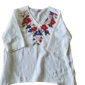 Hester & Orchard Colorful Floral Cross stitch Embroidered Linen Cotton Blend